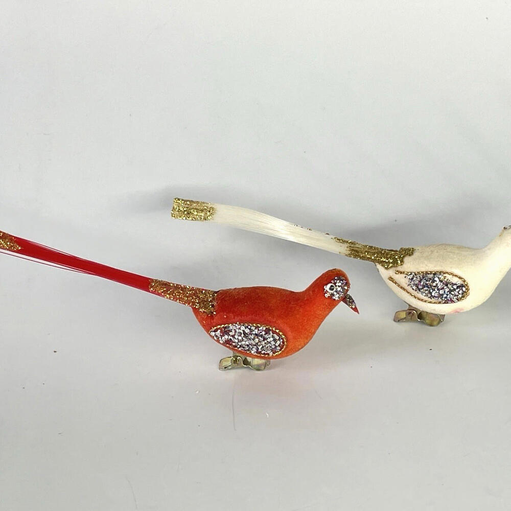 Vintage Flocked Glitter Long Tail Bird Clip On Christmas Ornaments Orange White